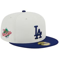 the los angeles dodgers white and blue 59fifty fitted - back hat is shown