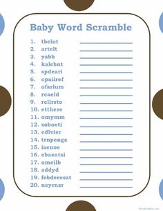 a baby word scramble game with blue and brown polka dot dots on it's border