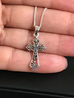 "Sterling Silver Victorian Cross Pendant Necklace. Metal: All components are made from solid .925 Sterling Silver Measurement: pendant height is 28mm (1.1\") including bail and 12.7mm (0.5\") wide Choose Chain Length You can find other cross jewelry in my shop here https://www.etsy.com/shop/LinksAndStones?ref=seller-platform-mcnav&section_id=24376960 Please feel free to Convo me with any questions before purchasing. Please view policy before purchasing Thank You For Visiting My Shop" Symbolic Crucifix Jewelry Gift, Symbolic Crucifix Jewelry For Gifts, Crucifix Necklace With Large Pendant As Gift, Nickel-free Sterling Silver Cross Pendant Jewelry, Large Crucifix Pendant Necklace As A Gift, Gift Crucifix Necklace With Large Pendant, Nickel-free Symbolic Crucifix Jewelry, Spiritual Sterling Silver Crucifix Jewelry, Cross-shaped Jewelry With Large Pendant As Gift