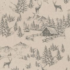 a drawing of a cabin in the woods with deer and trees on it's side