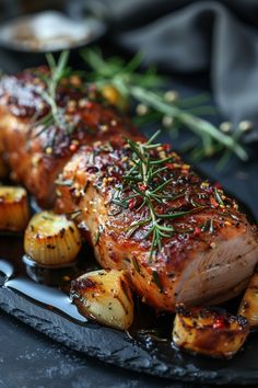 Roasted pork tenderloin with rosemary, glazed onions, and spices on a slate serving board. Hormel Pork Loin Filet Recipes, Pork Loin Recipes Oven Baked Easy, Bone In Pork Loin Roast Recipes, Boneless Pork Loin Roast In Oven, Pork Loin Recipes Easy, Pork Loin Sides, Honey Mustard Pork Loin, Healthy Homesteader, Leftover Pork Loin Recipes