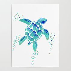 a watercolor painting of a sea turtle with bubbles on it's back art print