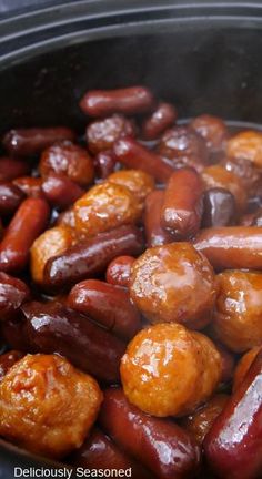 sausages and potatoes are cooking in the slow cooker for an appetizer