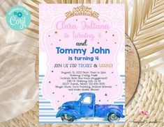 a pink and blue truck birthday party card