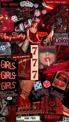 a collage of various images with red and black text on them, including dices,