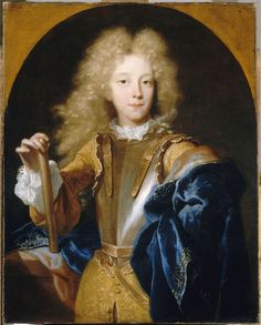 a painting of a man with white hair wearing a blue and gold outfit, holding a cane