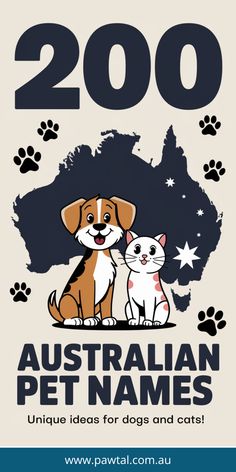 the australian pet names poster with two dogs and a cat on it's back