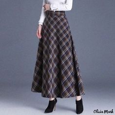 Olivia Mark - High-Waisted Plaid Midi Skirt with Flared Hem Black Denim Midi Skirt, Plaid Maxi Skirt, Plaid Midi Skirt, Stylish Midi Dress, Velvet Midi Skirt, Backless Midi Dress, Bodycon Midi Skirt, Swimwear High Waisted, Flowy Fabric