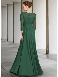 A-Line Mother of the Bride Dress Elegant Jewel Neck Floor Length Chiffon Lace 3/4 Length Sleeve with Pleats Appliques Formal Chiffon Dress With 3/4 Sleeves, Chiffon Dress With 3/4 Sleeves For Formal Events, Chiffon Dress With 3/4 Sleeves For Formal Occasions, Bride Dress Elegant, Mother Of The Bride Dress, Jewel Neck, Dress Elegant, Chiffon Lace, Wedding Bridesmaid Dresses