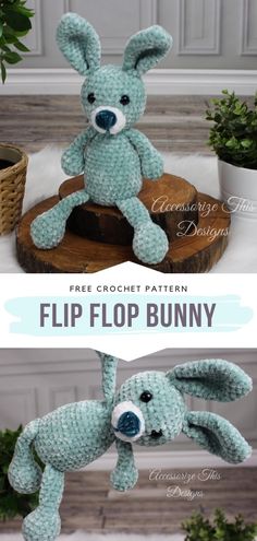 a crocheted stuffed bunny sitting on top of a piece of wood with the text free crochet pattern flip flop bunny