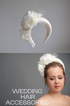 Padded halo headband inspired by wonderful Kate Middleton floral head piece is hand made and hand stitched. Bridal headband comes with birdcage veil is being placed at the back of the bridal flower crown or whithout. Bridal hairband has been covered in a high quality Italian crepe. Wedding guest fascinator hairband is trimmed with intone flowers and leaves covering the right ear side of the bridal headpiece. Flower crown will instantly elevate any outfit. Handmade Flower Headpiece For Wedding, Whimsical White Hair Accessories For Wedding, Whimsical White Wedding Hair Accessories, Whimsical White Headband, Whimsical White Headband Headpiece, White Handmade Flowers Fascinator Headband, White Fascinator Headband With Handmade Flowers, White Fascinator With Handmade Flowers, Handmade Wedding Headband Fascinator