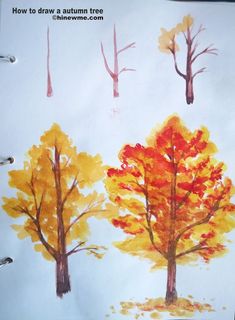 an autumn tree drawing with colored leaves on it's side and the words how to draw a autumn tree