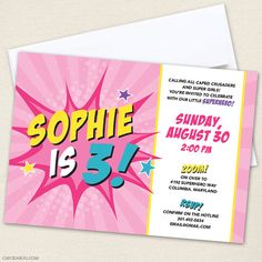 a pink and yellow birthday party card with the number five on it's front