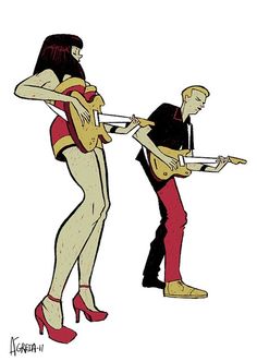 an image of two people that are playing the same musical instrument as one person in red pants