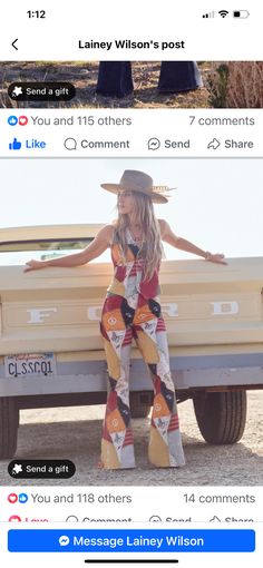 a woman sitting on the back of a car in front of a man wearing a cowboy hat