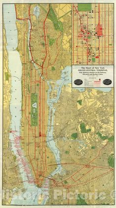 an old map of the city of new york, with red lines and green areas