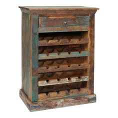 an old wooden wine rack with many bottles on it's sides and bottom shelf