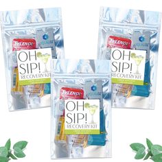 three packs of alcohol - free recovery kits with green leaves on the side and one in front