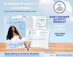 a baby shower activity booklet with a teddy bear on the table and an ad for it