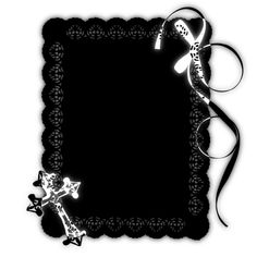 a black and white photo frame with a cross on the bottom, and a ribbon around it