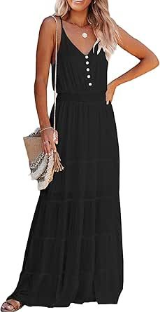 PRETTYGARDEN Women's Casual Summer Dress Spaghetti Strap Sleeveless High Waist Beach Long Maxi Sun Dresses at Amazon Women’s Clothing store Women Dresses Casual Summer, Elastic Waist Dress, Long Beach Dress, Beach Maxi Dress, Loose Fitting Dresses, Full Length Dress, Dress Spaghetti, Long Summer Dresses, Chiffon Maxi Dress