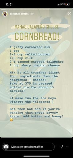 the recipe for maas jalapeno cheese cornbread is displayed on an iphone