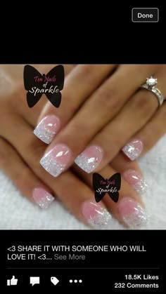 Beautiful Nail Designs Acrylics, Dip Nails With Acrylic Tips, French Dip Wedding Nails, Silver Nails Polish, French Dip Nails With Glitter, Square French Tip Acrylic Nails With Glitter, French Glitter Acrylic Nails, Different Style French Tip Nails, Popular Gel Nail Designs