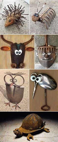 several pictures of various metal items with eyes and horns on them, including a turtle