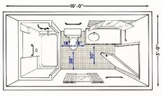 a drawing of a bathroom with measurements for the shower and toilet area, as shown above