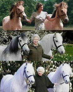 two women standing next to each other with horses in the foreground and an older woman walking behind them