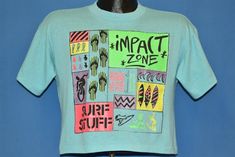 Chest 19 in.Length 17 in. Tag Says: Just On, Medium, 50/50, Made in USAThis shirt perfectly captures that 80s surf vibe with loud neon, soft poly cotton, and and a classic crop style. It's aged nicely and has a ton of life left. The imagery showcases all things beach and surf- like surfboards, flip flops, fish, and wild ocean waves.Comments: Fits like a modern unisex adult medium. This is a half shirt.   21-06-110937 Casual Neon T-shirt With Screen Print, Casual Multicolor Tops For Surfing, Neon T-shirt With Graphic Print For Summer, Neon Graphic Print T-shirt For Summer, Neon Summer T-shirt With Graphic Print, Green Graphic Print T-shirt For Surfing, Neon Graphic Print Top For Summer, Neon Tops With Graphic Print For Summer, Casual Neon Cotton T-shirt