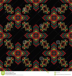 an image of a cross stitch pattern in red, green and yellow colors on black