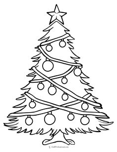 a christmas tree with ornaments on the top and lights around it, in black and white