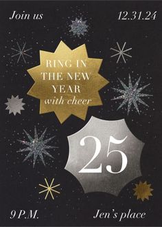 a black and gold new year's eve card with snowflakes on it