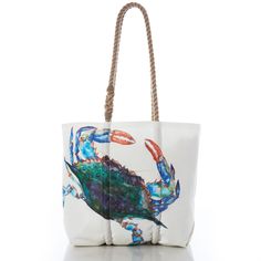 Sea Bags Recycled Sail Cloth Watercolor Crab Medium Tote - The magic of the coastal world and its creatures is on display in the work of a local Maine artist. This blue crab comes to life with intensified blues, greens, and a touch of orange. As you carry this striking tote from work, to the gym, and to the market youll be inspired by the beauty of nature. The tough, recycled sail cloth will hold up to daily use and is a breeze to clean. The sturdy handles are made of dock line that wrap around White Coastal Bags For Everyday Use, White Coastal Everyday Bags, Recycled Sails, Sail Cloth, Recycled Sailcloth, Sail Bag, Boat Bag, Maine Artist, Boat Tote