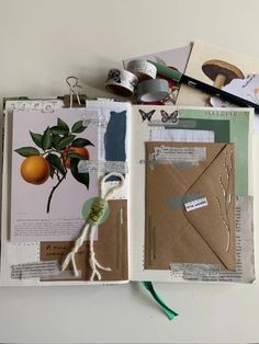 an open book with papers, scissors and other things on it that include oranges