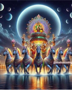 five horses are standing in front of a full moon with an image of hindu deities on it