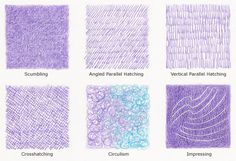 the different types of crochet stitchs are shown in purple and blue colors