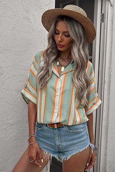 Green Button Striped Short Sleeves Shirt Trendy Summer Blouse With Placket, Casual Striped Tops With Roll-up Sleeves, Green Summer Blouse With Placket, Casual Summer Blouse With Placket, Green Blouse With Placket For Summer, Summer Striped Shirt With Button Cuffs, Summer Striped Blouse With Placket, Summer Striped Blouse With Buttons, Striped Summer Blouse With Placket