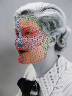 a woman with an orange and blue net covering her face, wearing a striped shirt