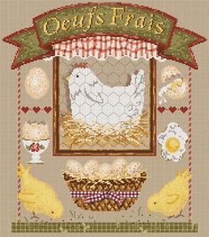 a cross stitch pattern with chickens, eggs and other things on it's side