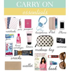 the contents of a carry on essentials bag with text overlay that says carry on essentials