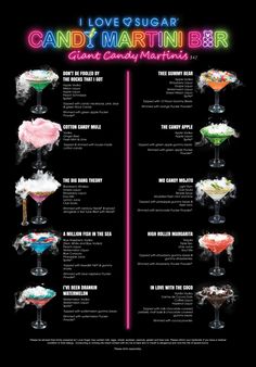 an advertisement for candy martinis with the names and colors on it's side