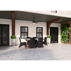 an outdoor dining area with black wicker chairs and white tile flooring is featured in this rendering