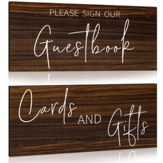 two wooden signs that say guest book and cards and gifts are shown in white ink