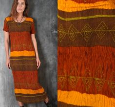 Vintage 90s brown, yellow tones tribal striped dress.  Maxi long bohemian stretchy summer dress.  Label: Indiska  Size: S  Fabric: viscose  Measurements:  Bust: 36" (90 cm) Waist: 31" (80 cm)  Hips: 36" (90 cm) Length: 50" (128 cm)  Sleeve: 20" (19 cm)  Shoulders: 17" (44 cm) Model's height 180 cm  Great condition If you want to purchase more items, write message. I will make special price and delivery. Fast courier delivery. Please, provide your mobile number in a note to seller. Brown Boho Maxi Dress In Hippie Style, Brown Boho Maxi Dress Hippie Style, Brown Fitted Bohemian Dress, Brown Fitted Bohemian Boho Dress, Fitted Brown Bohemian Dress, Fitted Brown Boho Dress, Brown Hippie Boho Maxi Dress, Brown Boho Maxi Dress With Boho Print, Brown Fitted Hippie Dress