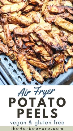 air fryer potato peels on the grill with text overlay that reads, air fryer potato peels vegan and gluten free