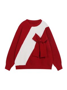 Color: Red, Size: L Y2k Grunge Aesthetic, Oversized Knitwear, Red Christmas Sweater, Summer Outfits Y2k, Baddie Style, Aesthetic Red, Bow Christmas, Red Pullover, Workout Crop Top