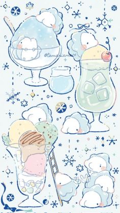 an image of some ice creams and bears on a blue background with snowflakes