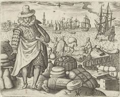 an old black and white drawing of a man standing in front of a harbor filled with ships